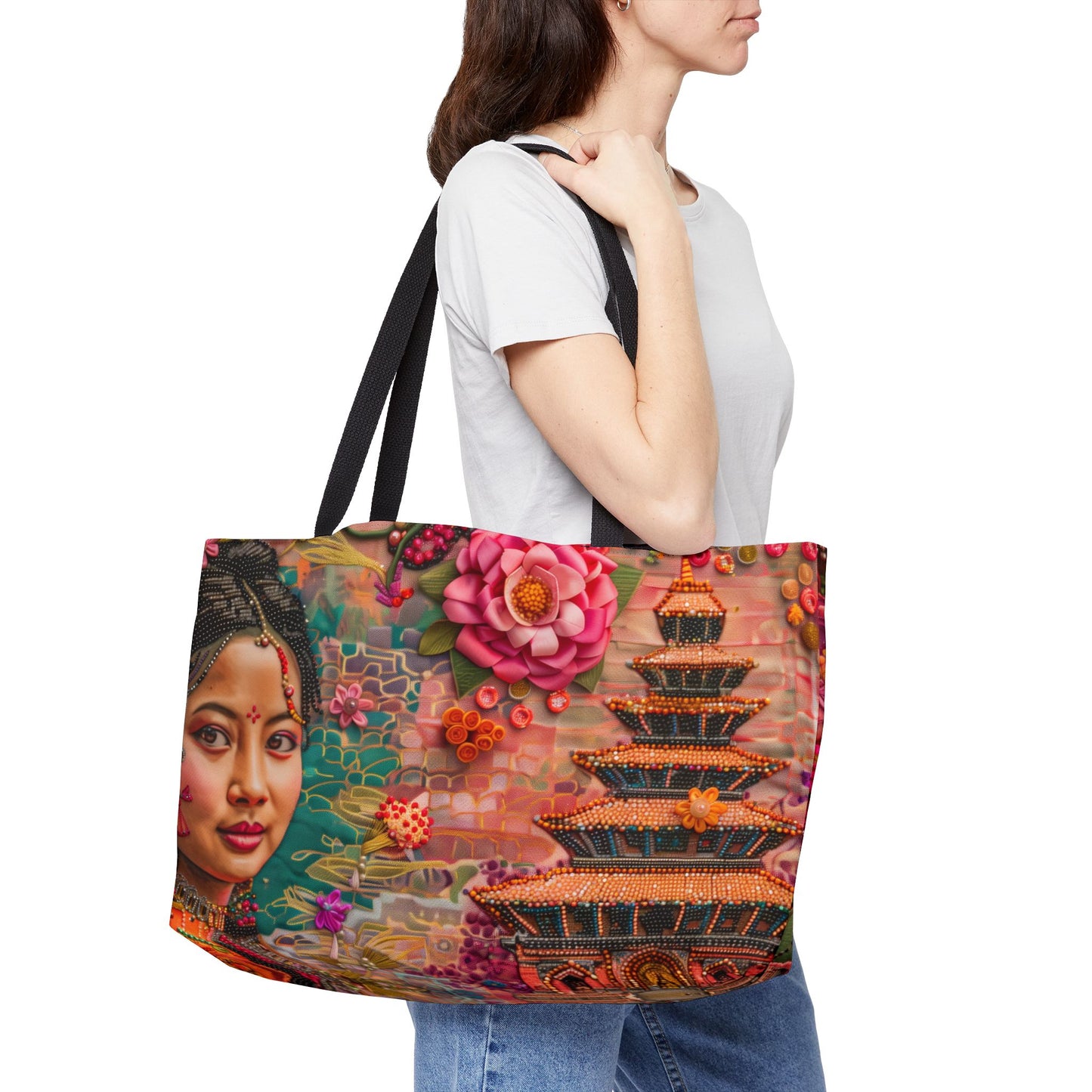 Weekender Tote Bag - Radiant Nepali Woman at Iconic Durbar Square Temple