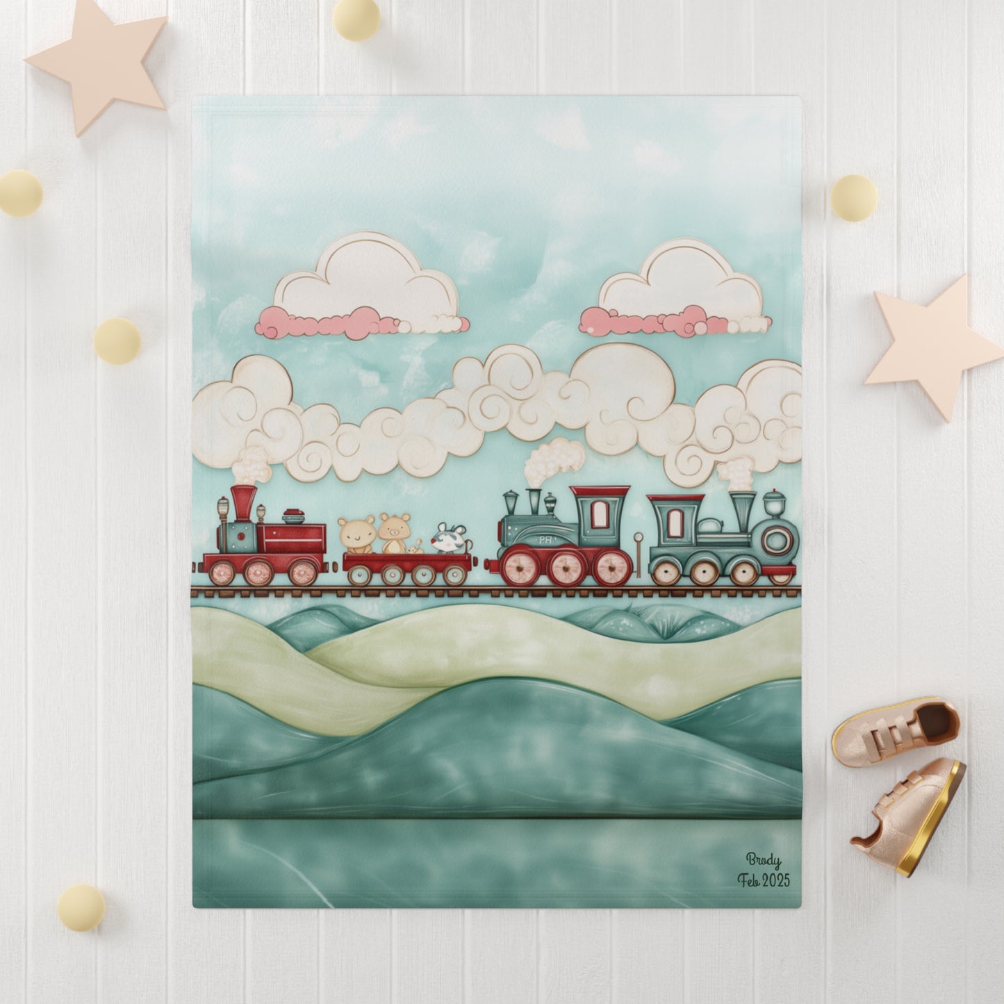 Custom Soft Fleece Baby Blanket - Cute Puffy Cloud Train Design