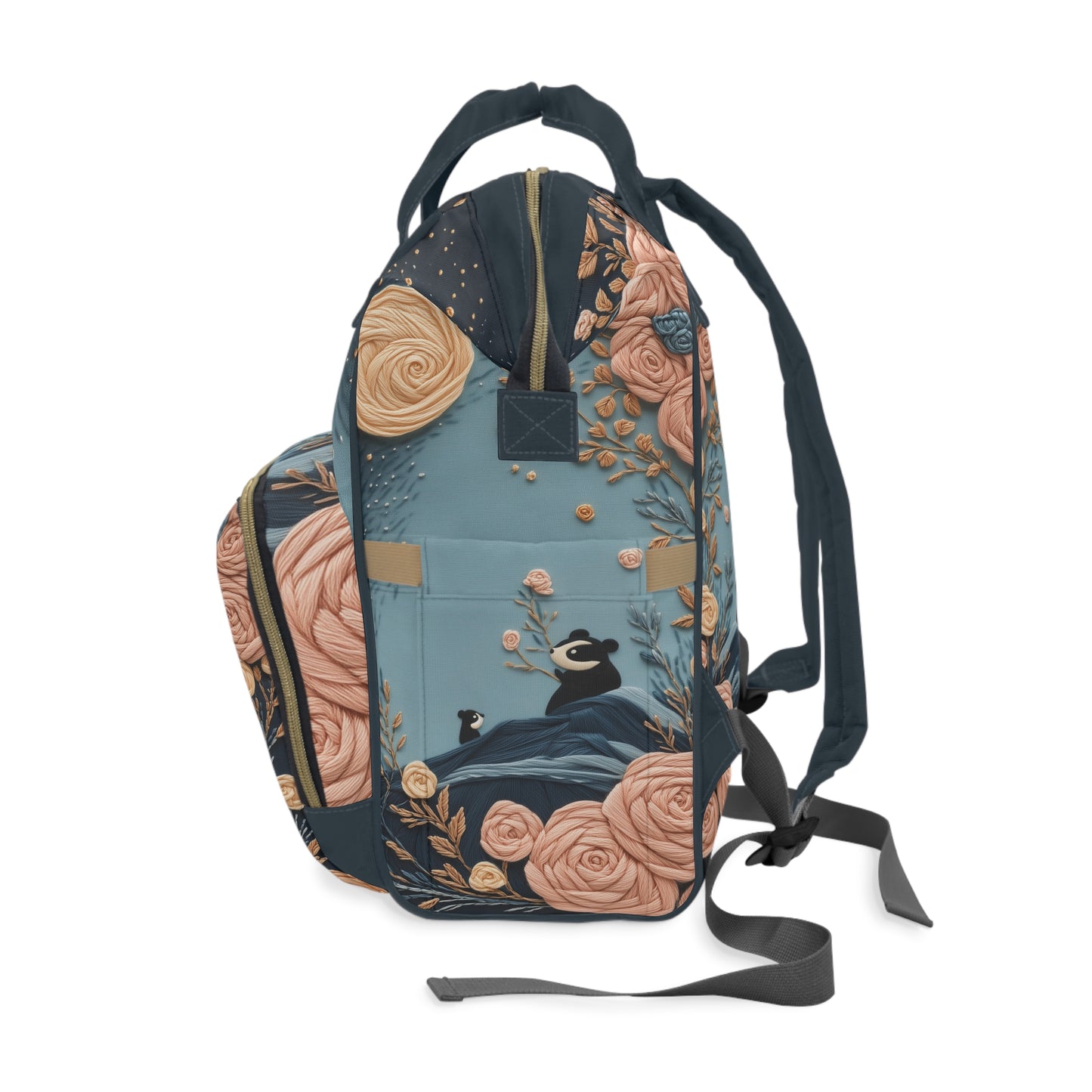 Custom Multifunctional Diaper Backpack: Panda Blooms