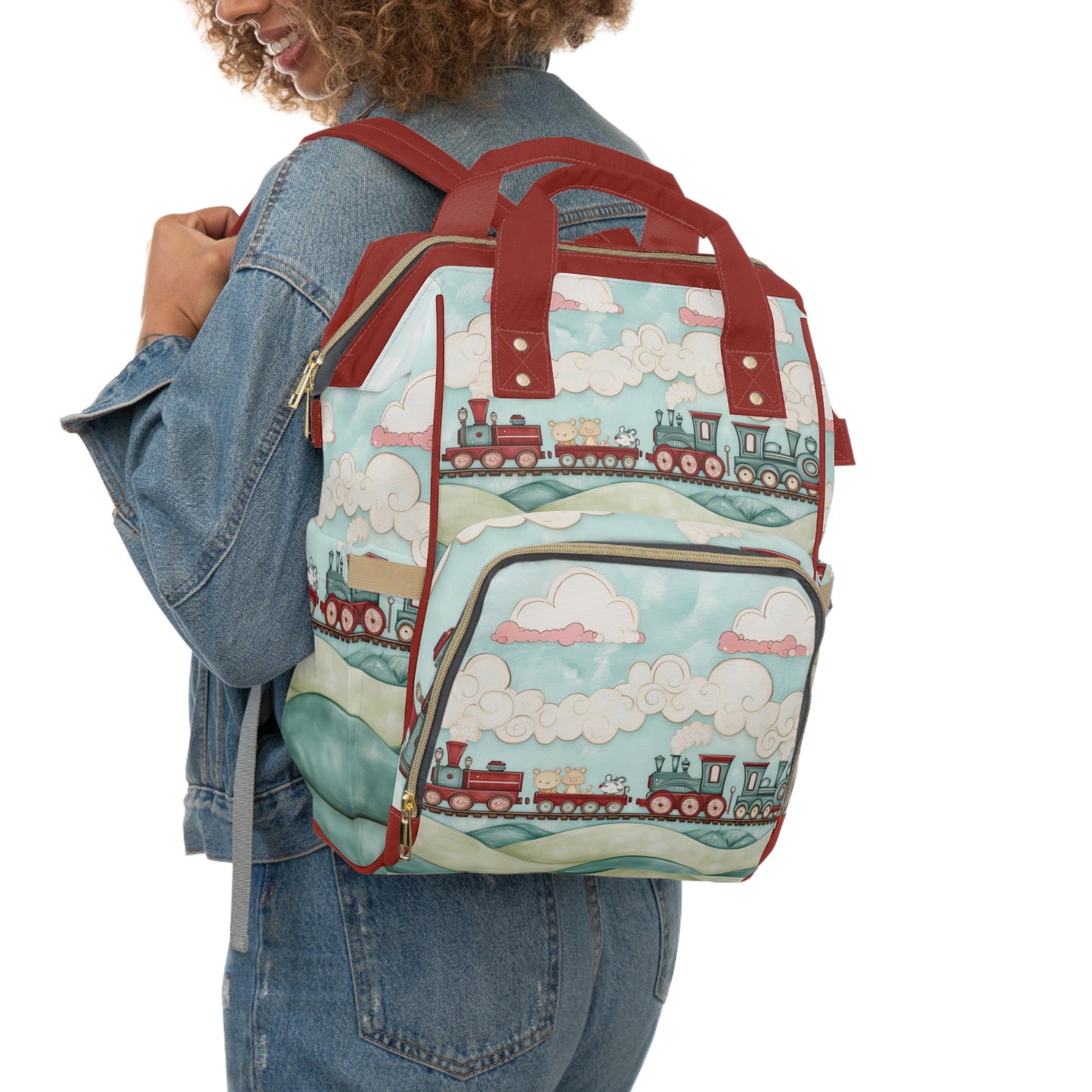 Custom Multifunctional Diaper Backpack: Steam Engine Train