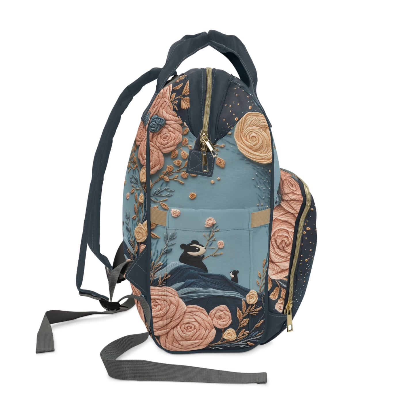 Custom Multifunctional Diaper Backpack: Panda Blooms