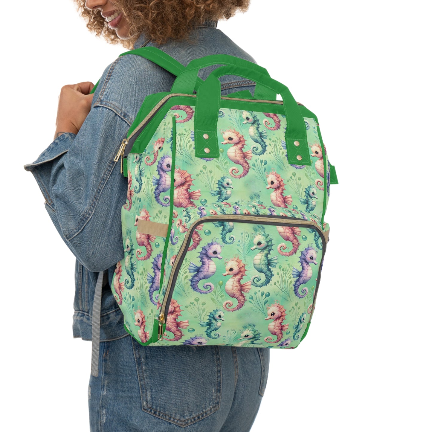 Custom Multifunctional Diaper Backpack: Seahorse Serenade