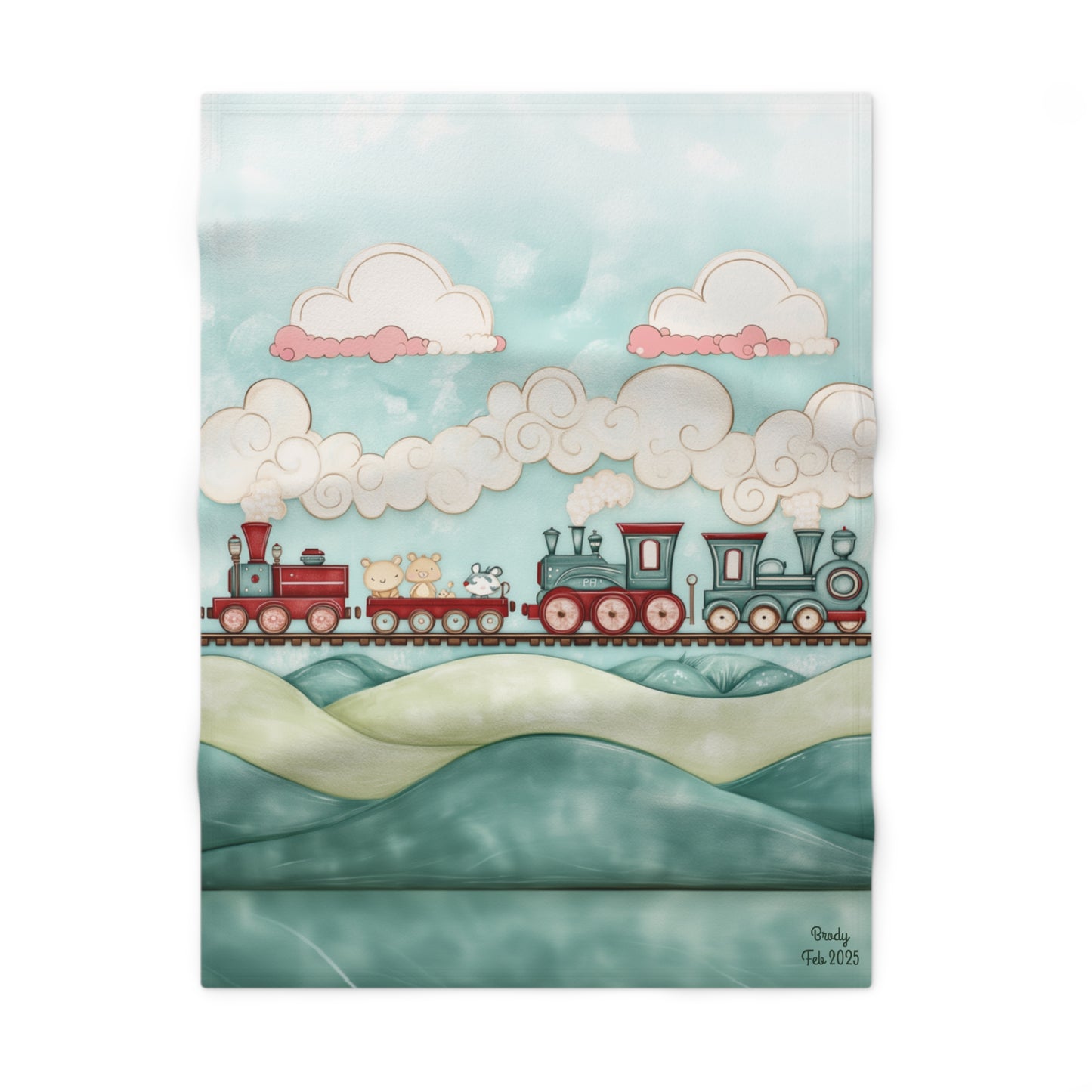 Custom Soft Fleece Baby Blanket - Cute Puffy Cloud Train Design