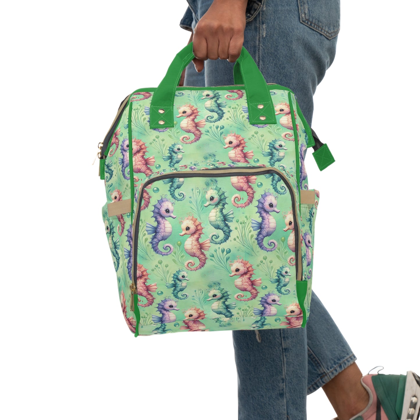 Custom Multifunctional Diaper Backpack: Seahorse Serenade