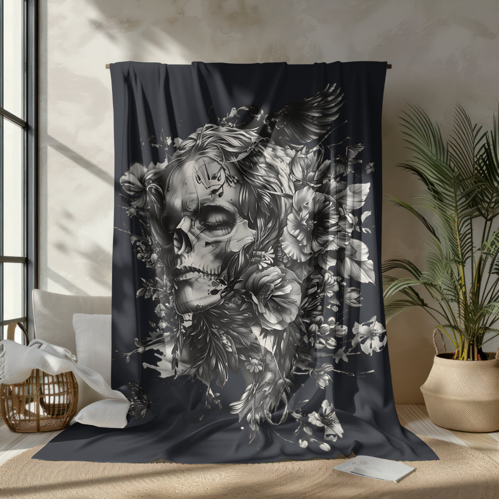 Sherpa Blanket: Custom Bloom & Skull Accent Fleece Throw