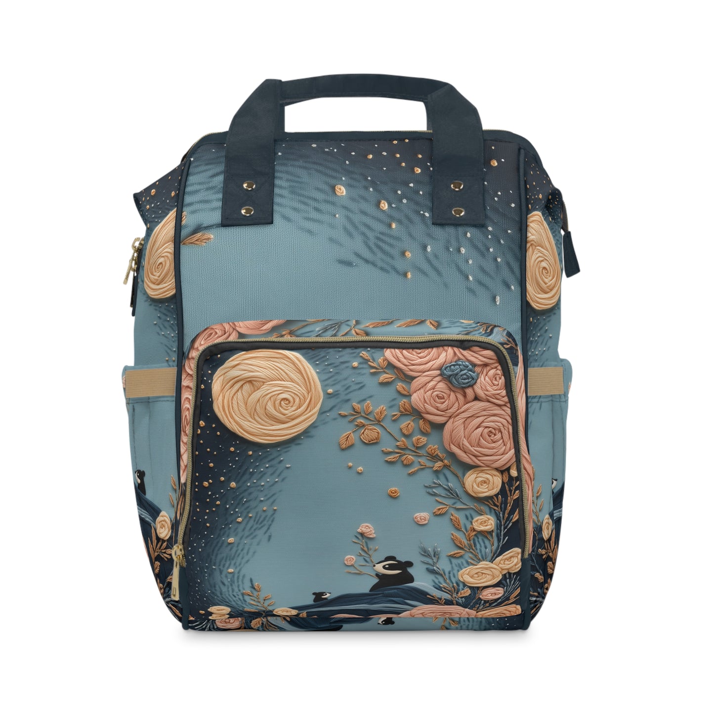 Custom Multifunctional Diaper Backpack: Panda Blooms