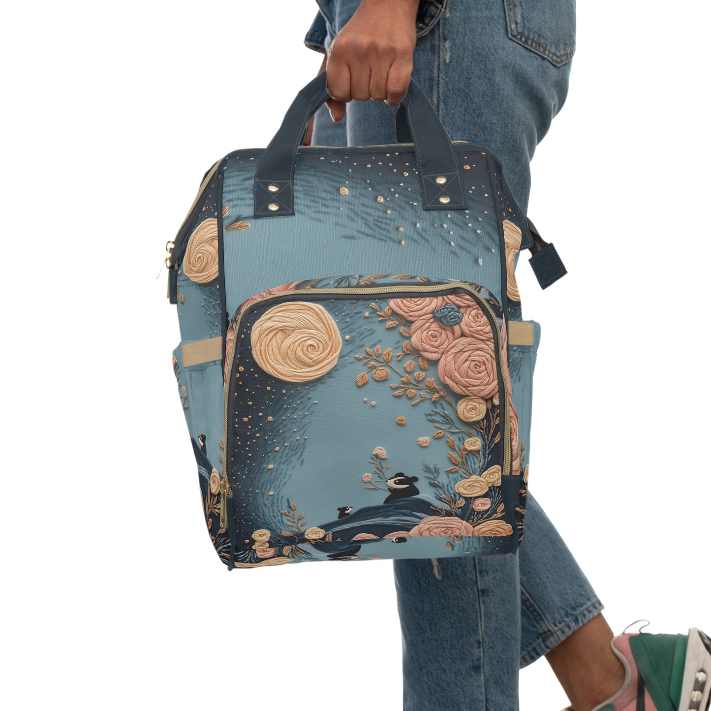 Custom Multifunctional Diaper Backpack: Panda Blooms