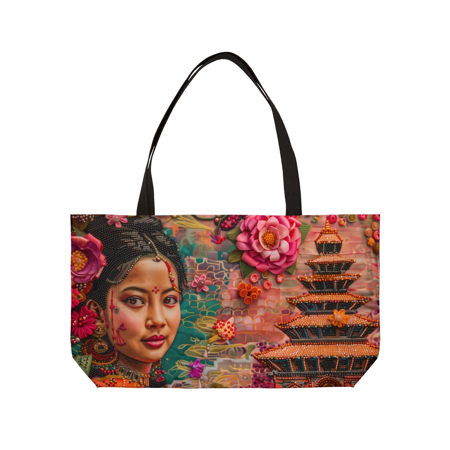 Weekender Tote Bag - Radiant Nepali Woman at Iconic Durbar Square Temple