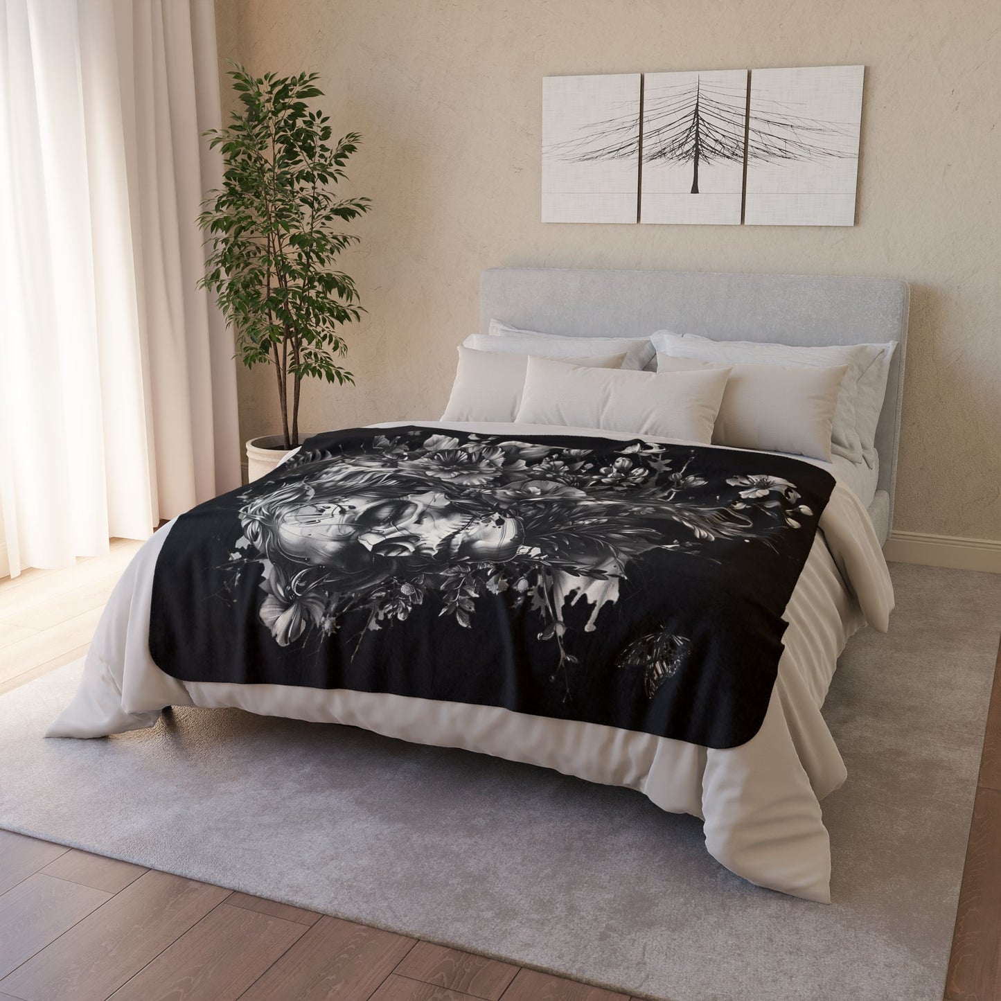 Sherpa Blanket: Custom Bloom & Skull Accent Fleece Throw