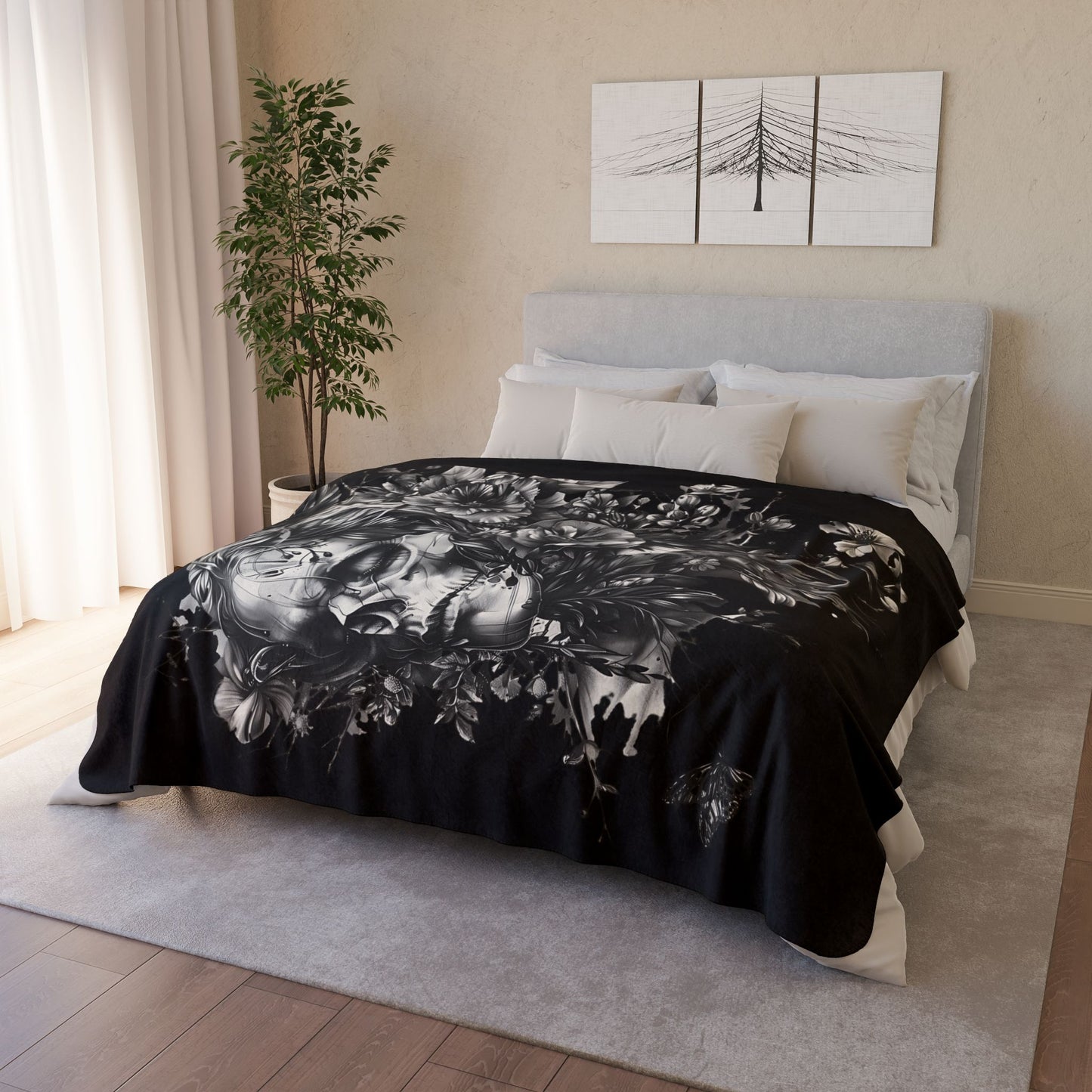 Sherpa Blanket: Custom Bloom & Skull Accent Fleece Throw