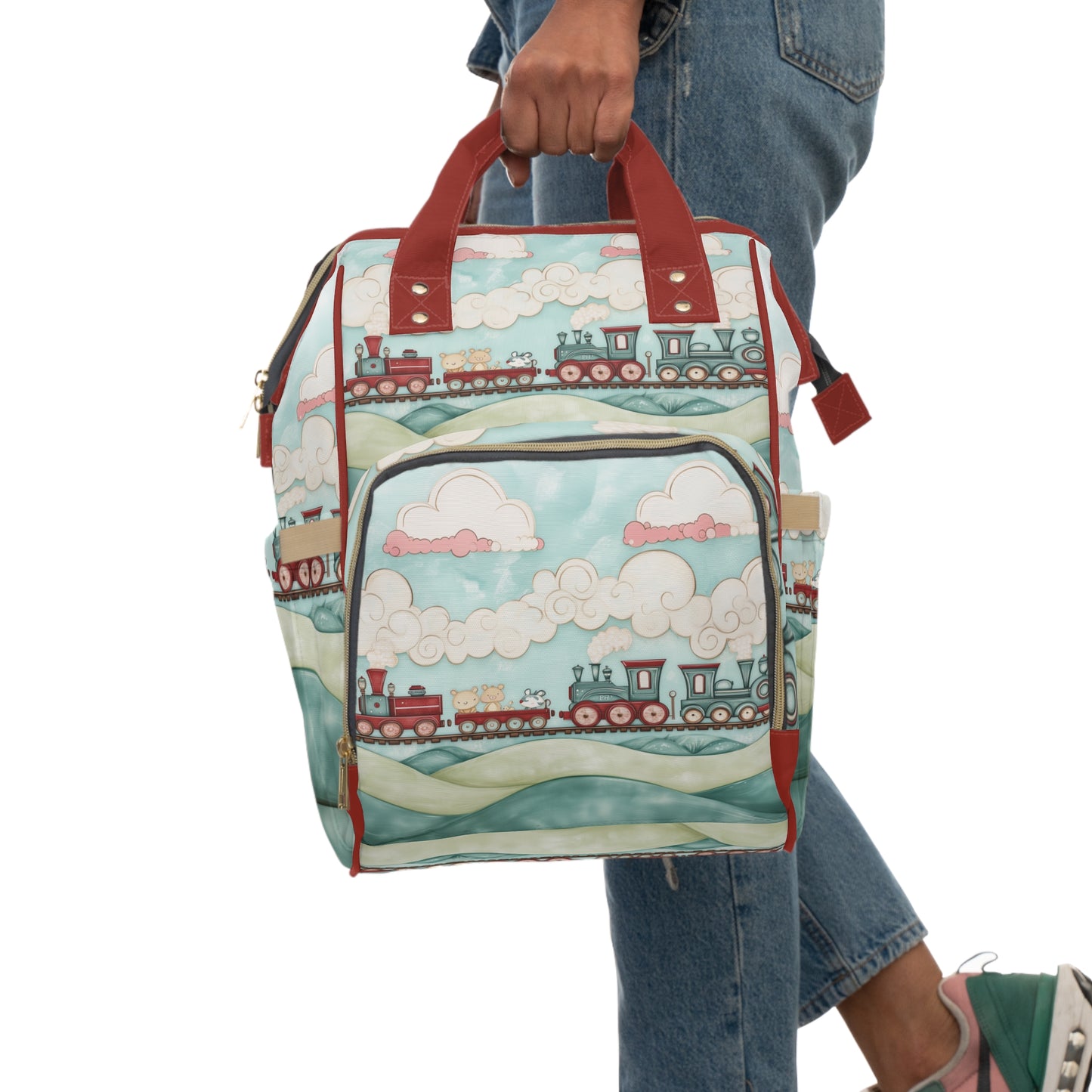 Custom Multifunctional Diaper Backpack: Steam Engine Train
