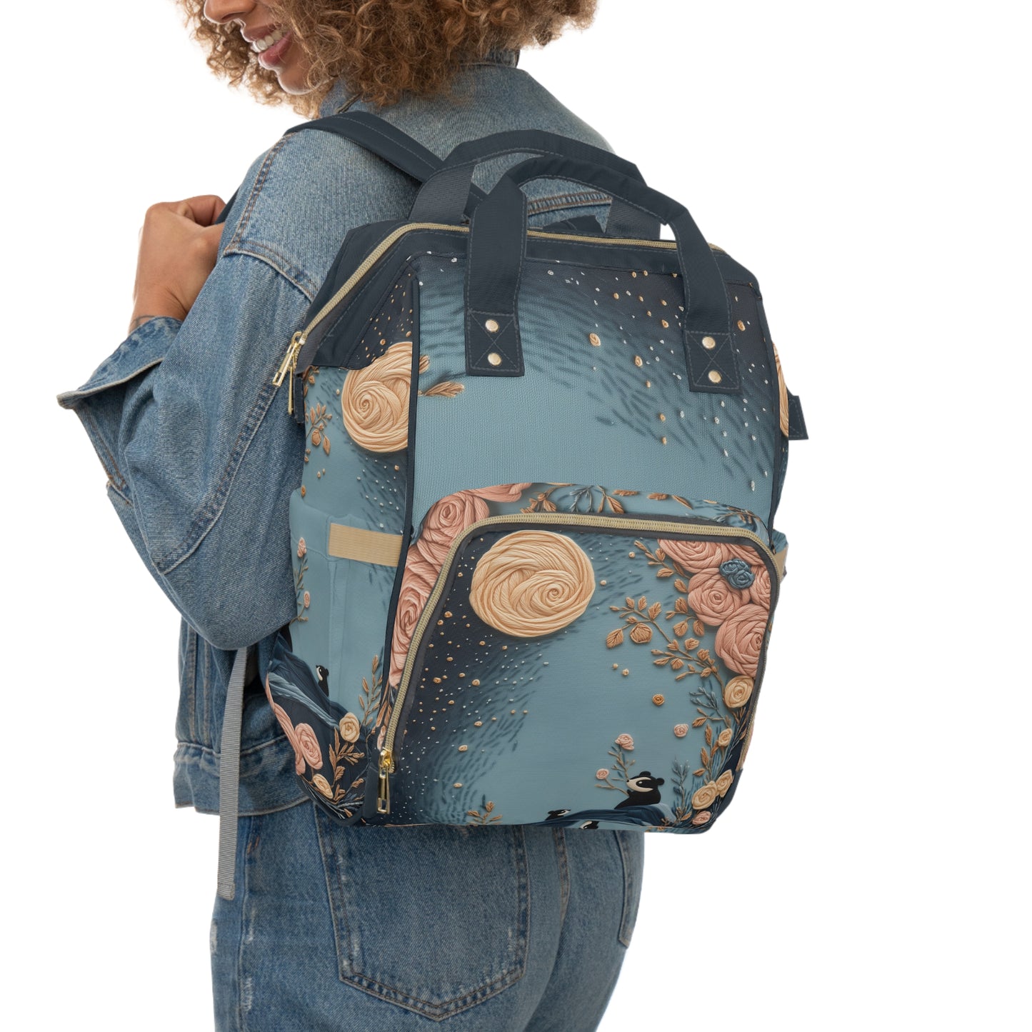 Custom Multifunctional Diaper Backpack: Panda Blooms