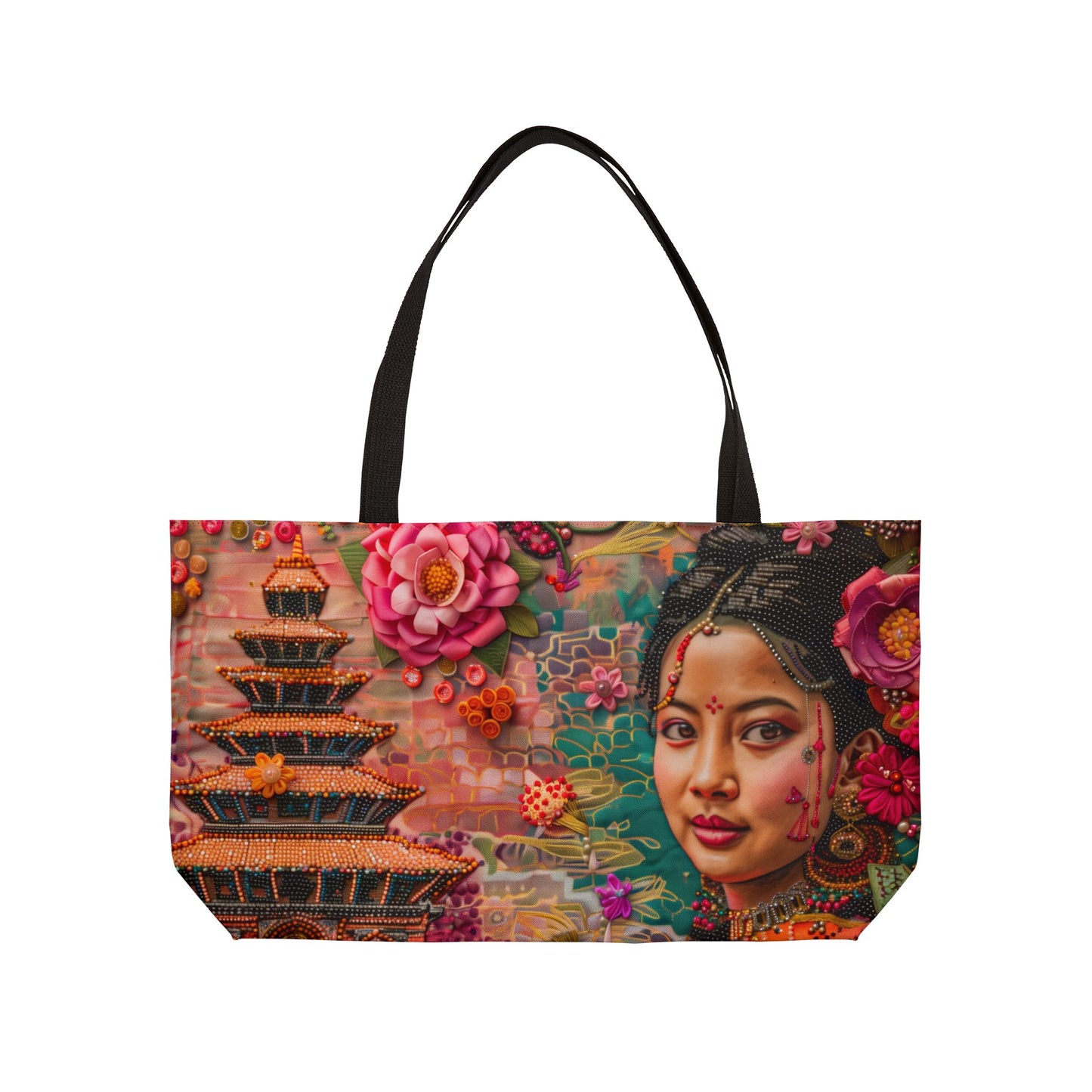 Weekender Tote Bag - Radiant Nepali Woman at Iconic Durbar Square Temple