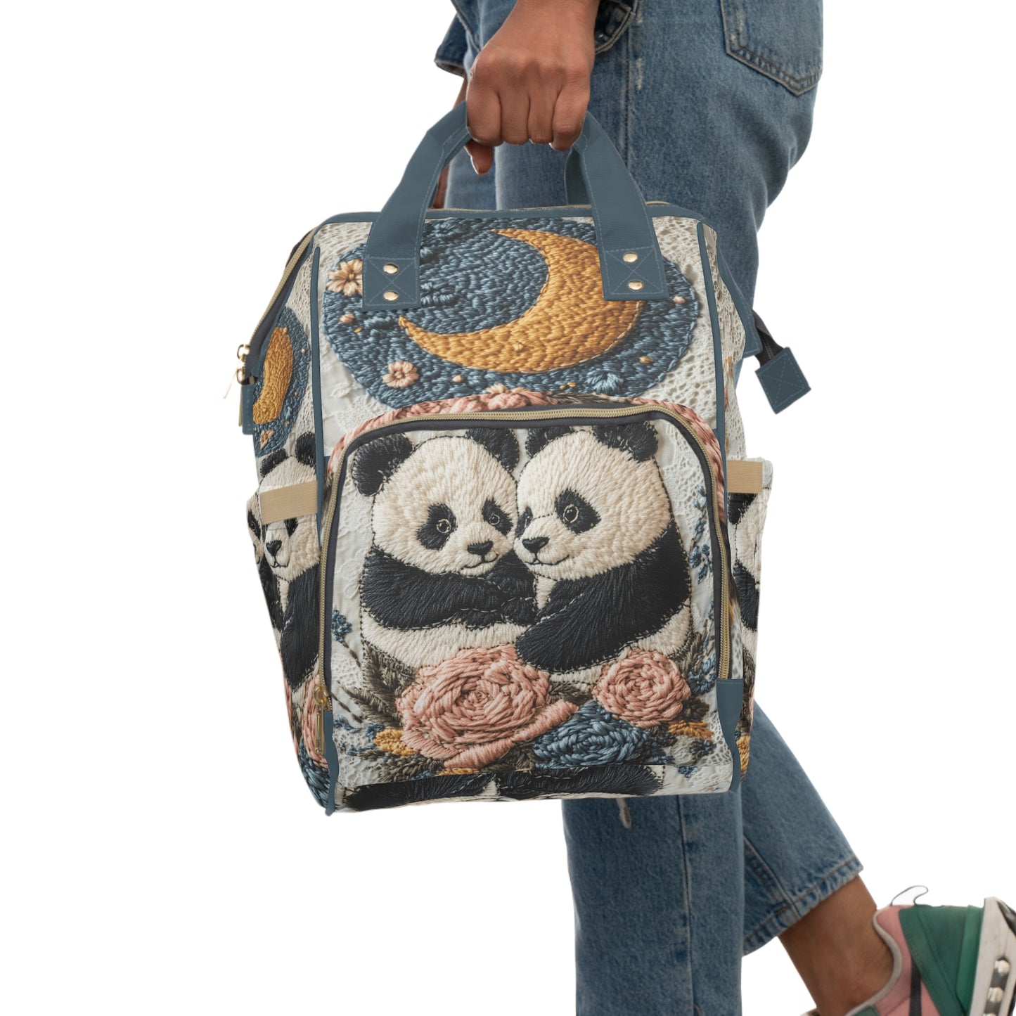 Custom Multifunctional Diaper Backpack: Twin Pandas Design