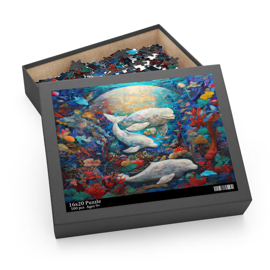 Sunlit Symphony: A Beluga Ballet in the Ocean Mosaic - Puzzle (120, 252, 500-Piece)